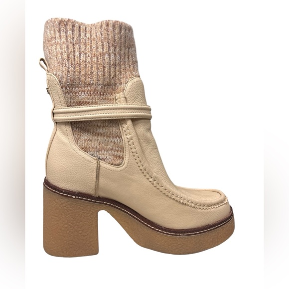 Sam Edelman Cream Leather Knit Cuff Heeled Boots, Austrian Wool - Picture 8 of 13